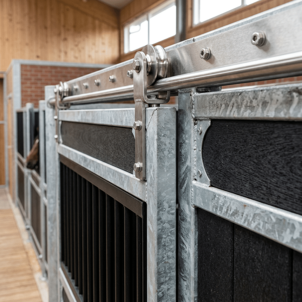 Galvanized Steel Stable Panels for Horse Stalls Close-up view of galvanized steel stable panels with black wooden inserts, showcasing durable horse stall equipment in a well-lit indoor stable setting.
