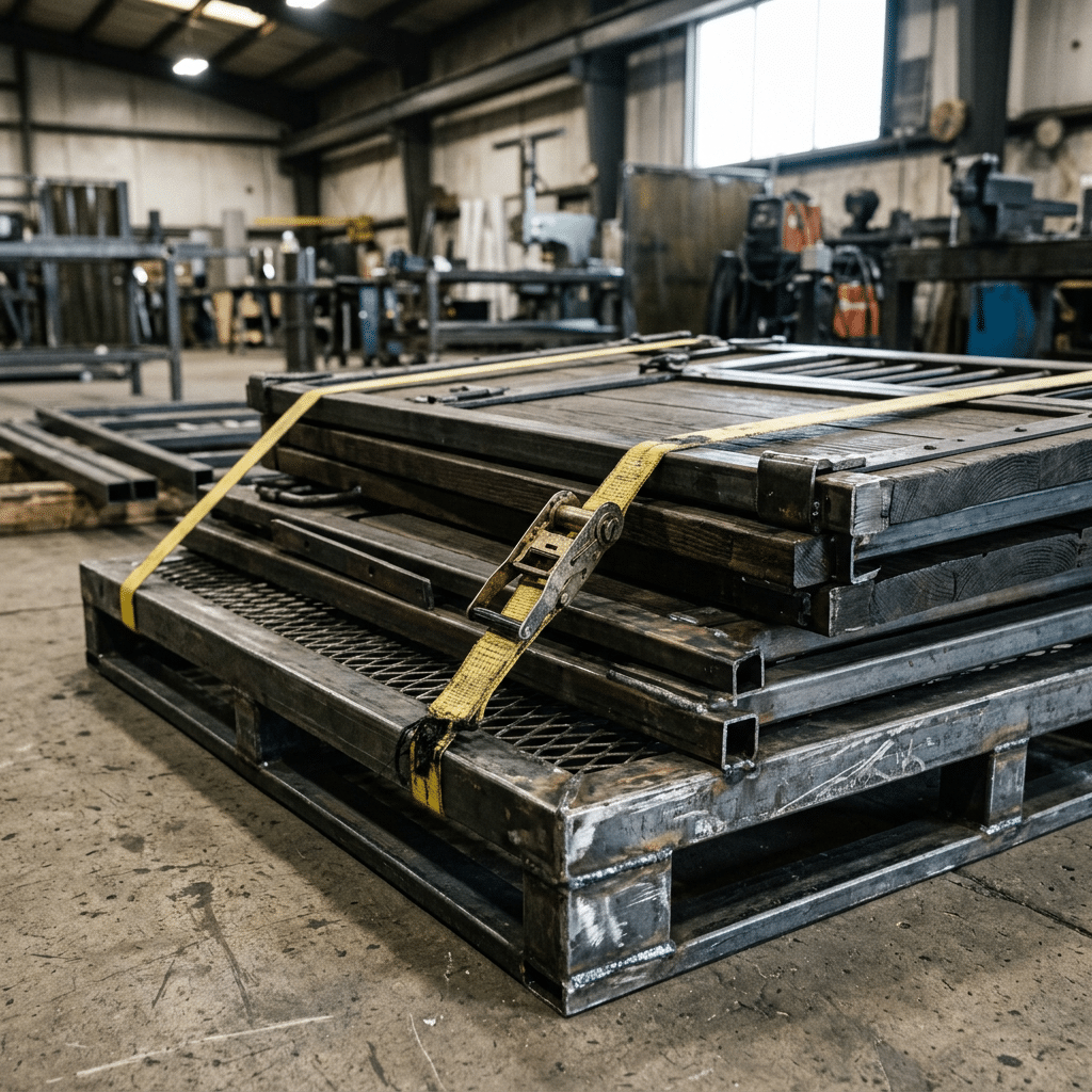 Heavy-Duty Steel Pallet with Stall Gates Close-up view of professional steel horse stall gates secured with straps onto a custom heavy-duty steel pallet for transport.