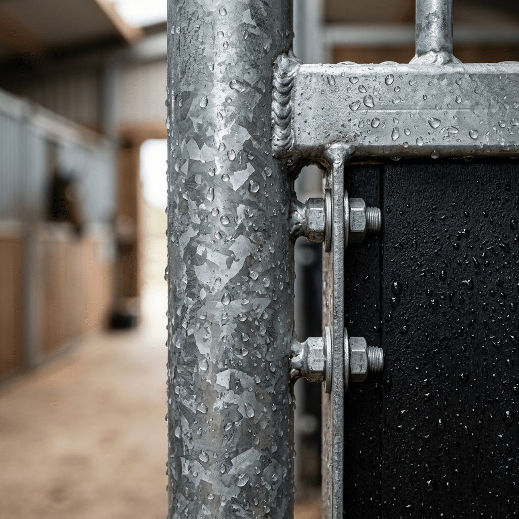 Close-up of a galvanized steel stable gate with water droplets, showcasing durable construction for horse stalls and related equipment.