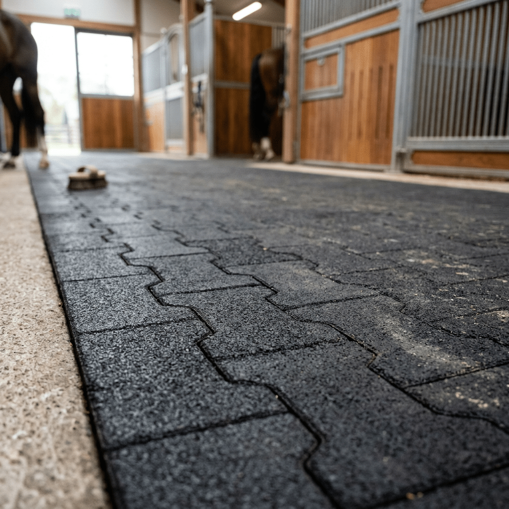 A close-up view of interlocking rubber stable flooring in a horse stall area, with horses visible in the background and stable equipment nearby.