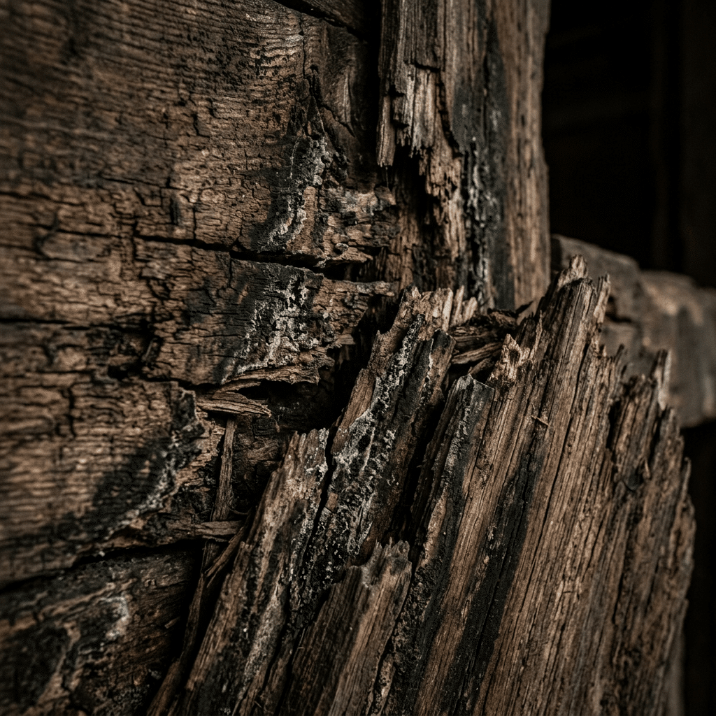 Extreme close-up of a decayed wooden plank with deep cracks, splintered fibers and pale mold patches across the surface