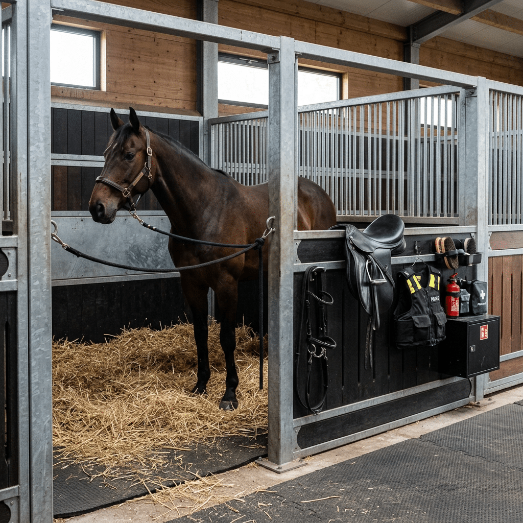 A brown horse stands in a modern stable stall with galvanized steel panels and a saddle rack holding equipment, set against a wooden interior backdrop.