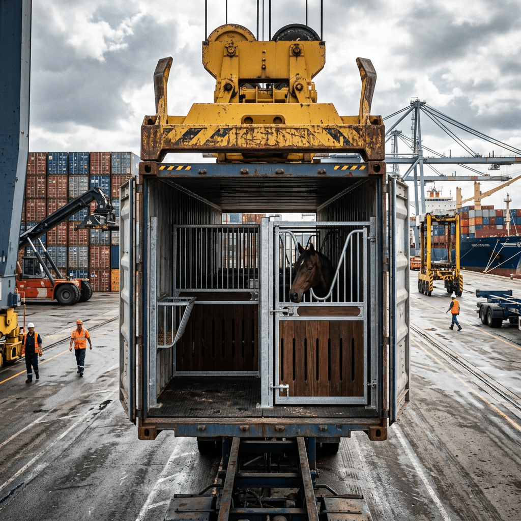 Horse Stable Equipment Export Services A horse is being transported in a shipping container at a port, showcasing the export of horse stable equipment including stalls and panels.