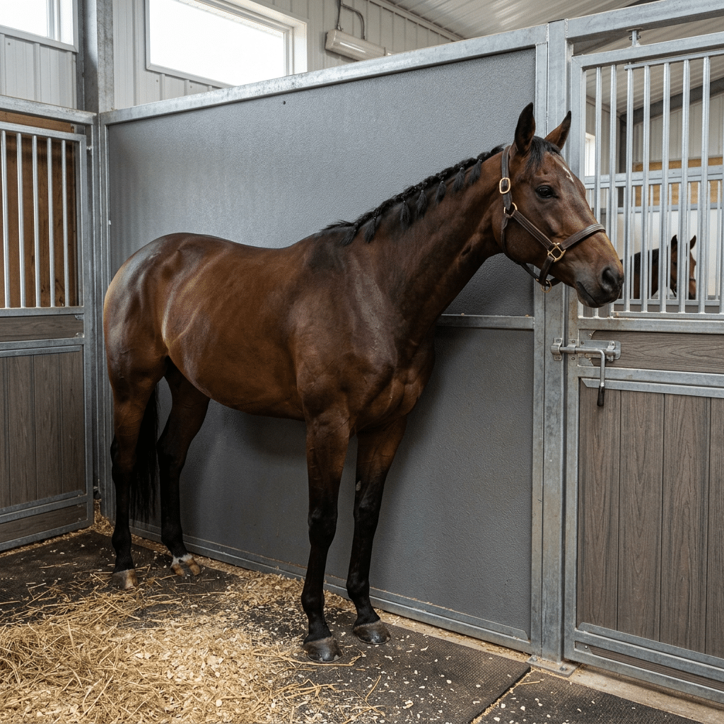 Sturdy Horse Stall with Galvanized Steel Panels A brown horse stands in a modern stable stall featuring galvanized steel and powder-coated panels, equipped with a secure gate and surrounded by straw bedding.