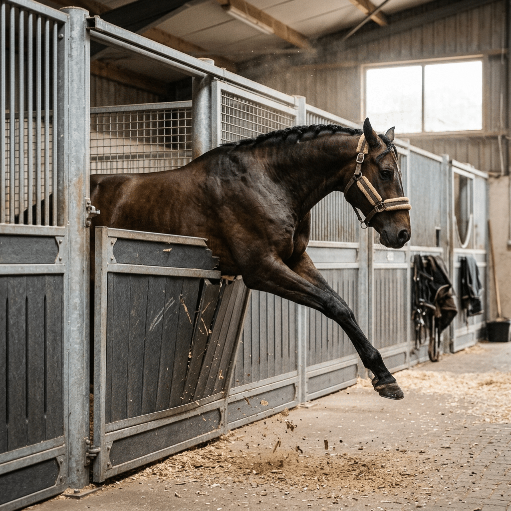 A dark brown horse leaps energetically from a galvanized steel stable stall, showcasing the durability and design of the equipment in a well-lit barn setting.