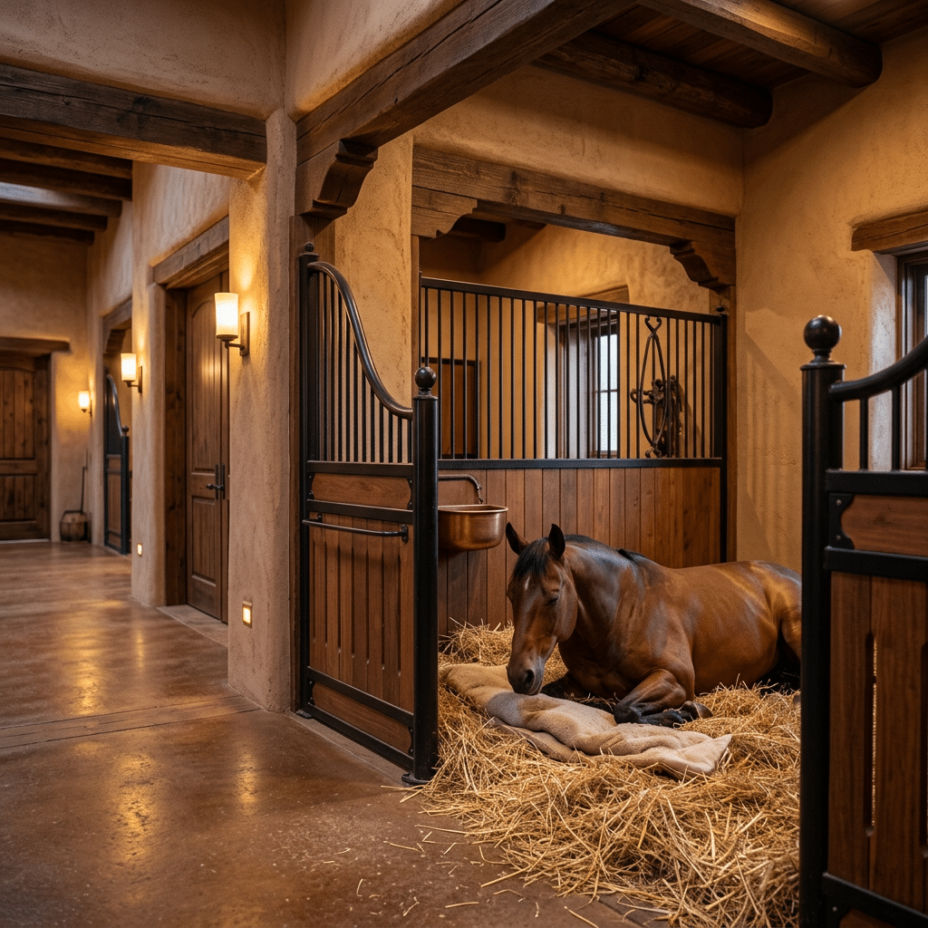 Luxury Adobe Style Horse Stable Interior A warm and luxurious adobe-style equestrian stable featuring elegant black metal stall fronts and rustic wooden architecture.