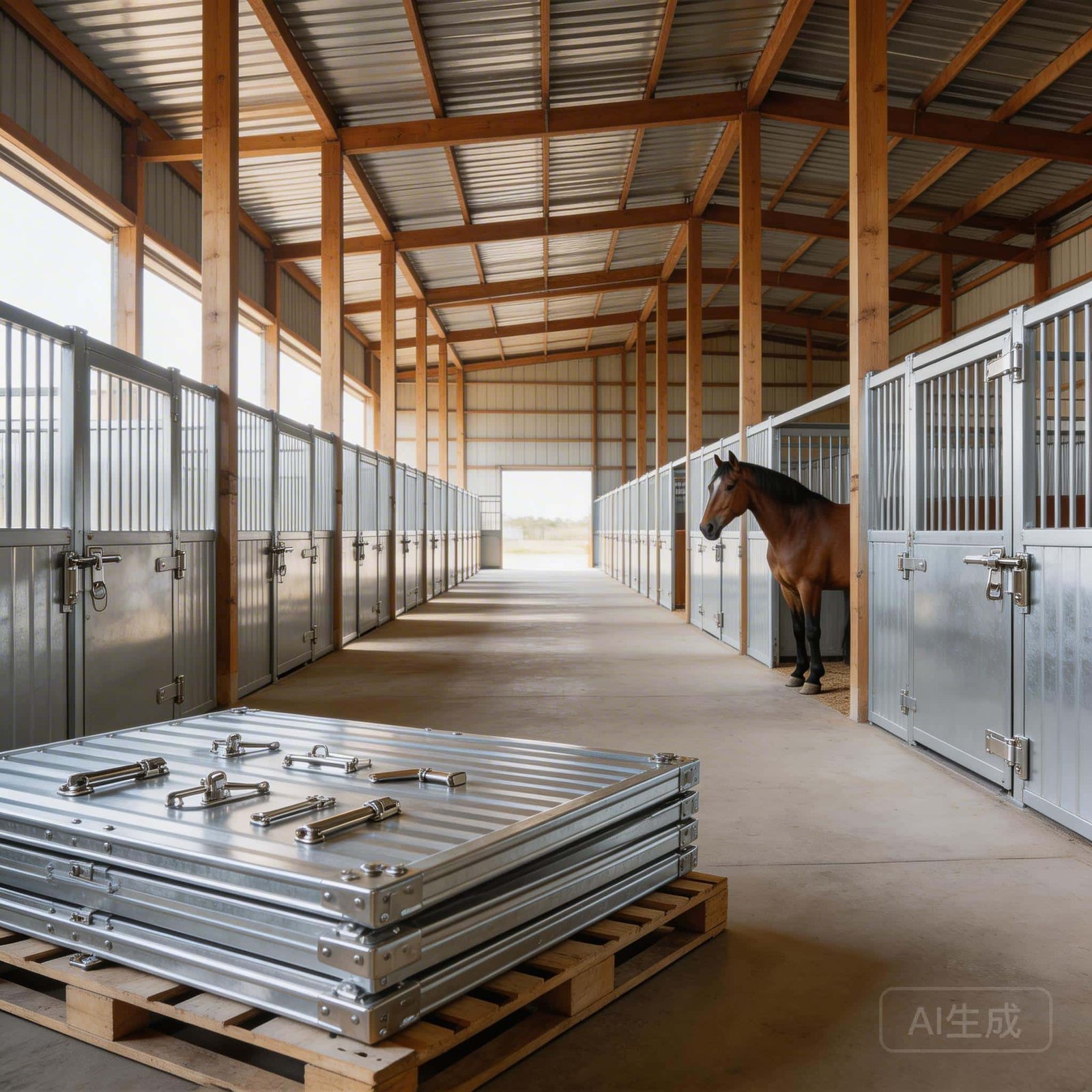 A spacious stable with rows of modern horse stalls featuring galvanized steel panels. A brown horse stands in one of the stalls, while additional stable panels are stacked on a pallet in the foreground.