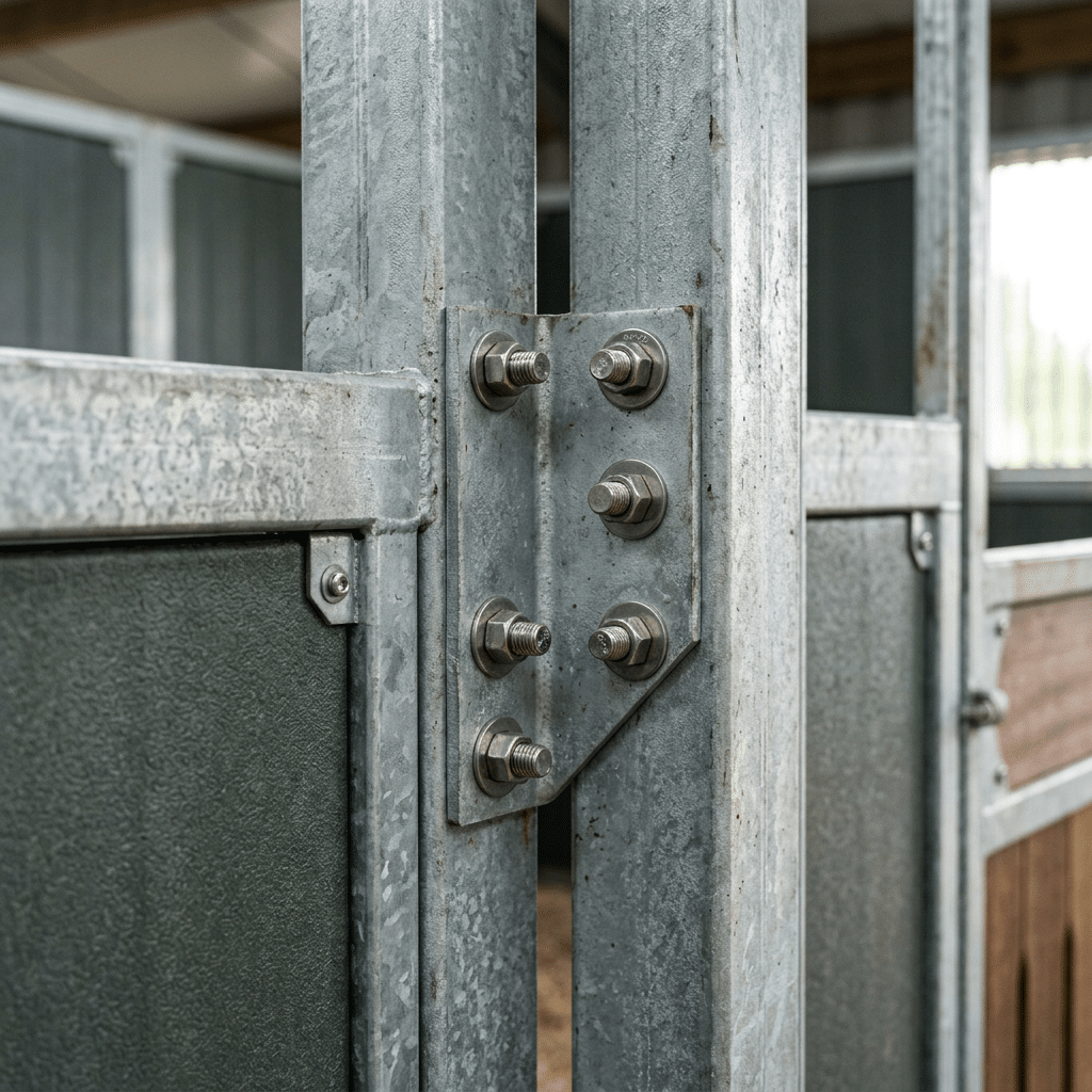 Galvanized Steel Stable Panel Connection Close-up view of a galvanized steel stable panel connection featuring robust bolts and a sturdy frame, showcasing the quality and durability of horse stable equipment.