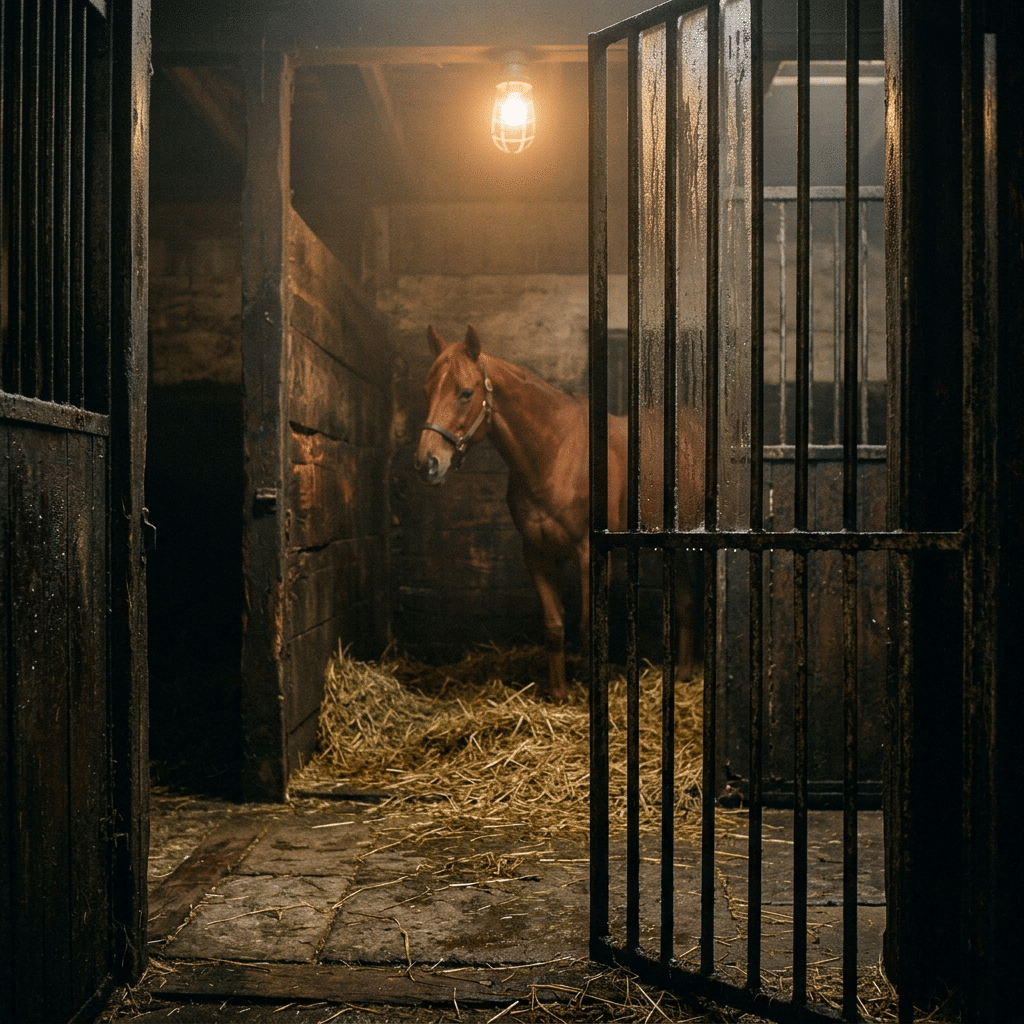 A brown horse stands inside a dimly lit stable stall, surrounded by hay on the floor. The stall features wooden walls and a metal gate, illuminated by a warm overhead light.