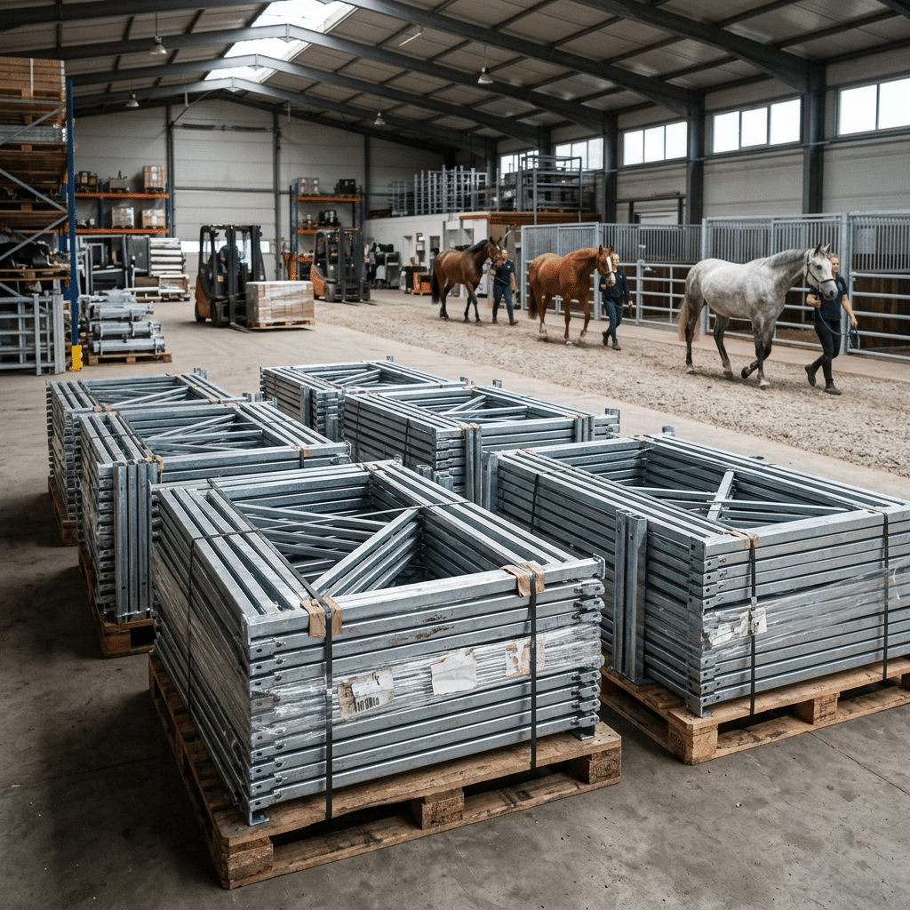 Horse Stable Equipment in Warehouse Stacks of galvanized steel horse stall frames on pallets in a warehouse, with three people walking horses in the background.