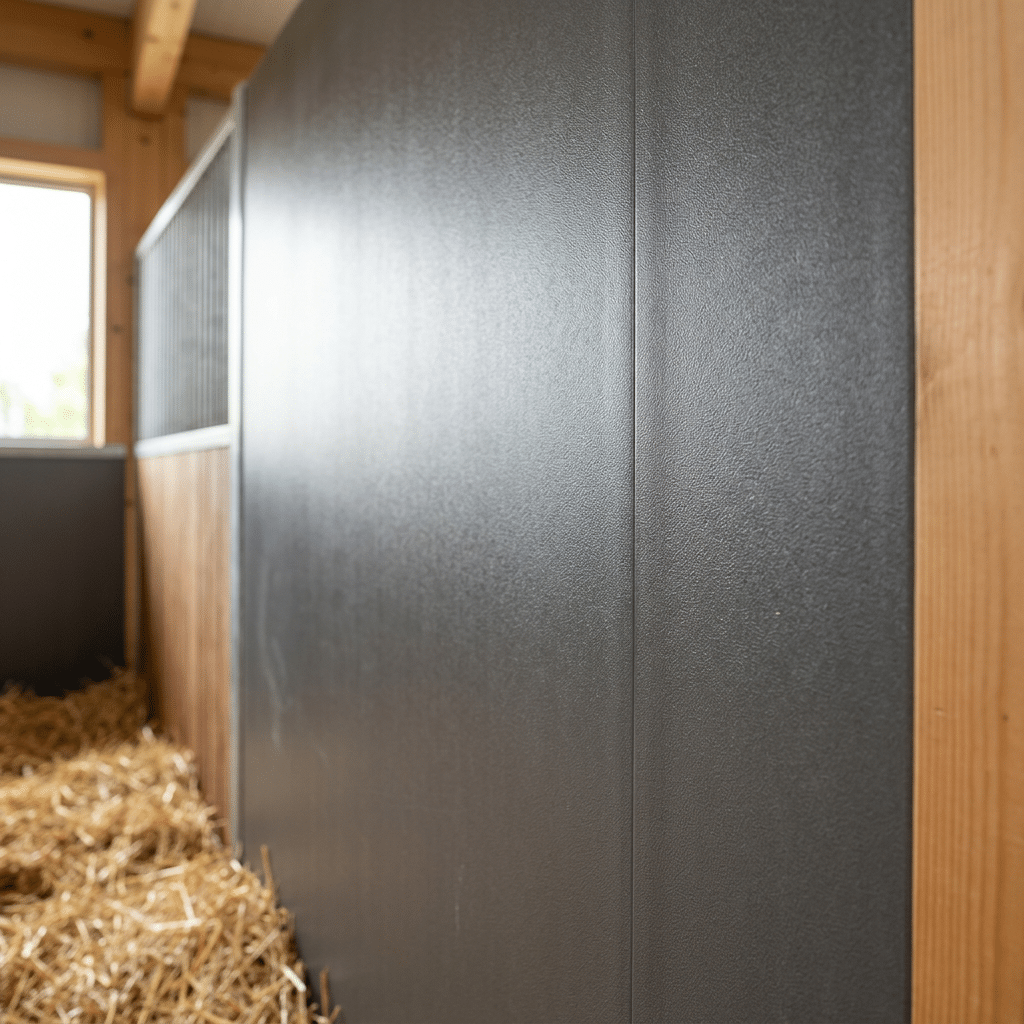 Stable Panels for Horse Stalls A close-up view of a modern horse stall featuring durable black stable panels with a textured finish, set within a wooden frame and surrounded by hay on the floor.