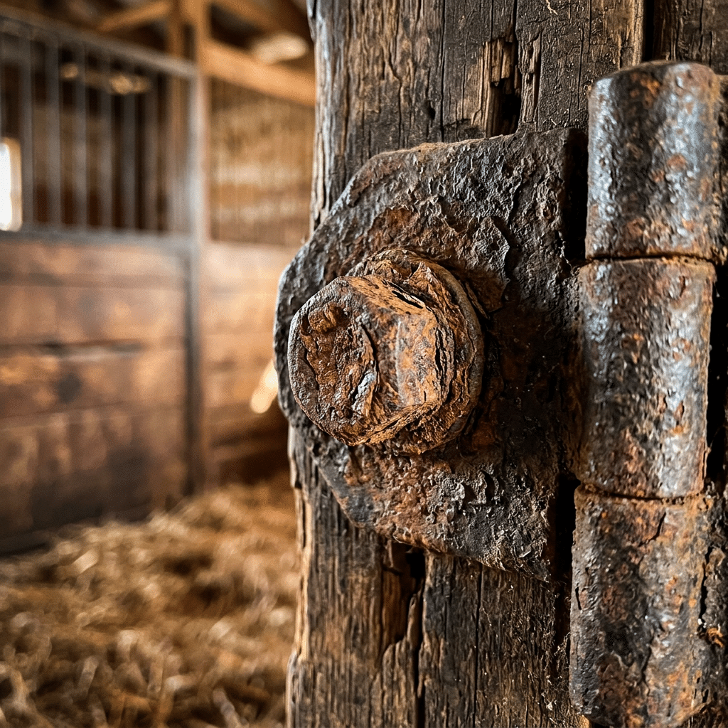 Rusted hinge and bolt on a stable door — the failure mode Dutch door hardware specs must prevent in humid climates