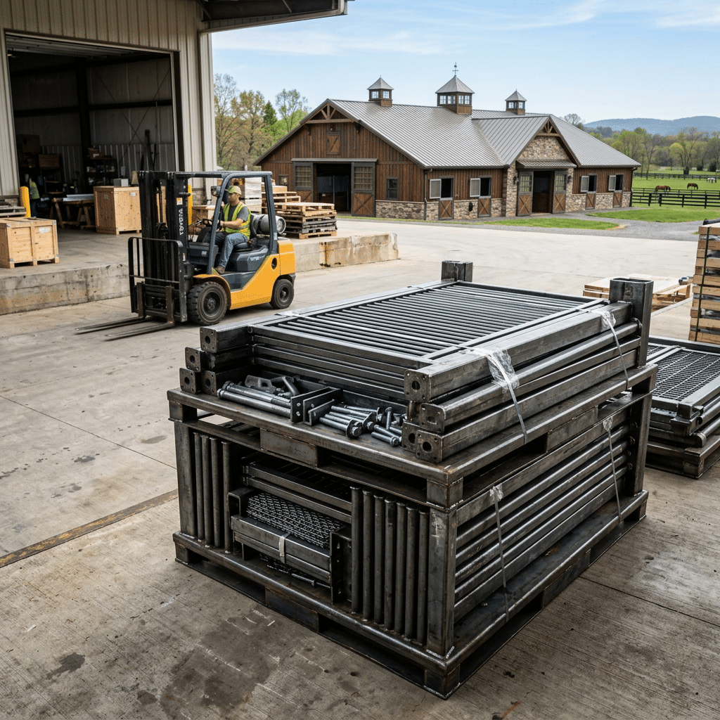 Horse Stable Equipment Export – Galvanized Steel A worker operates a forklift near stacks of galvanized steel horse stable equipment, including panels and racks, with a rustic stable building in the background.