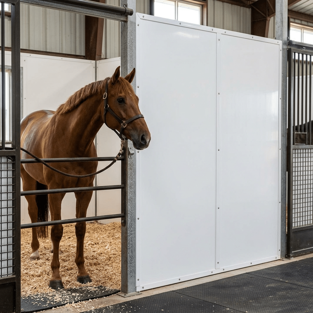 Modern Horse Stall with Stable Panels A brown horse stands in a clean, modern horse stall equipped with galvanized steel and powder-coated stable panels, showcasing high-quality equestrian equipment.
