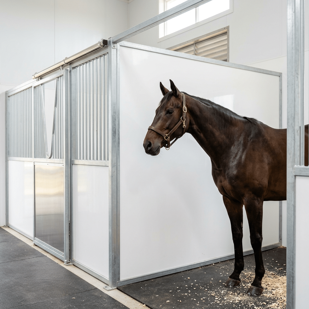 A dark brown horse wearing a halter stands in a clean, modern stable stall with galvanized steel and white panels, showcasing high-quality horse stable equipment.