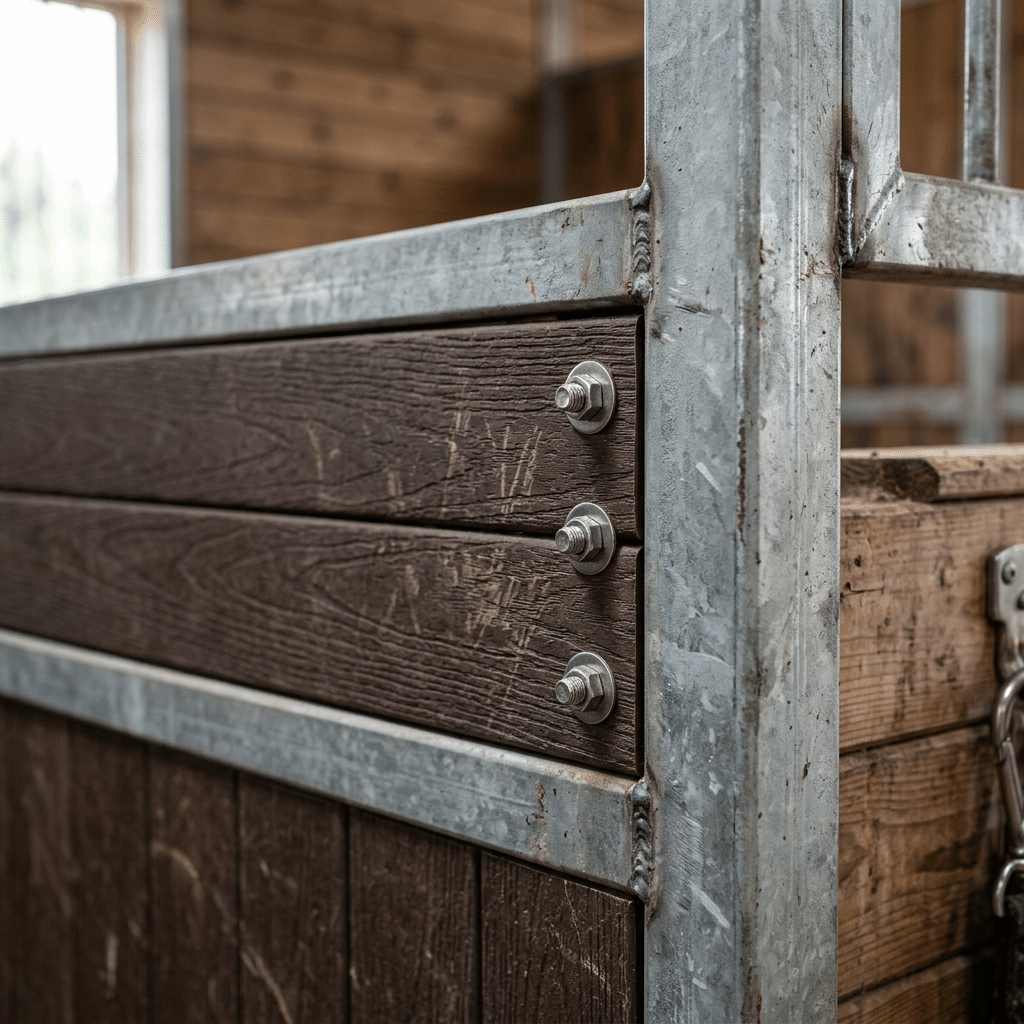 Close-up of galvanized steel and wooden stable panels with bolts, showcasing sturdy construction for horse stalls and related equipment.