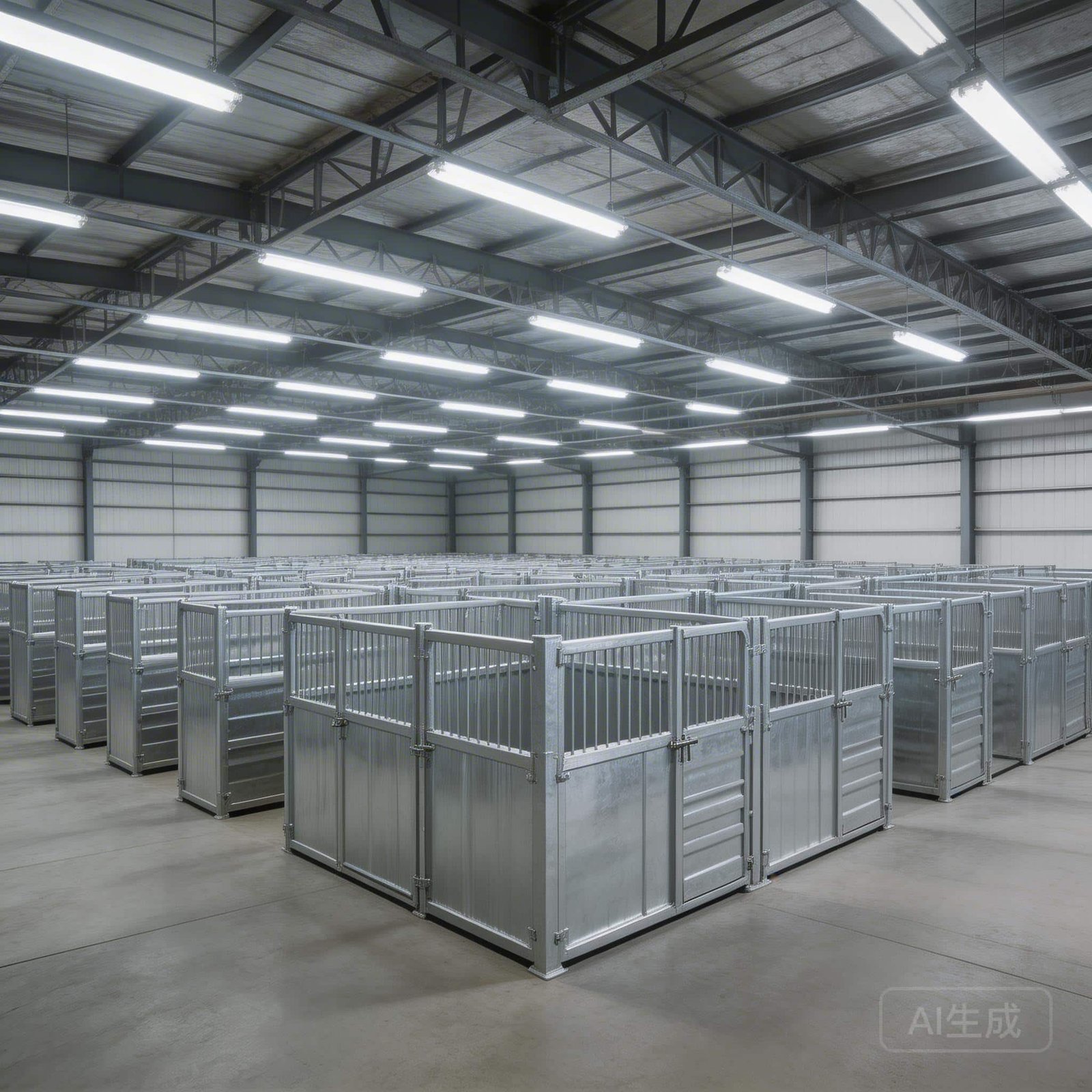Rows of galvanized steel horse stalls neatly arranged in a spacious, well-lit stable facility with industrial lighting and metal roofing.