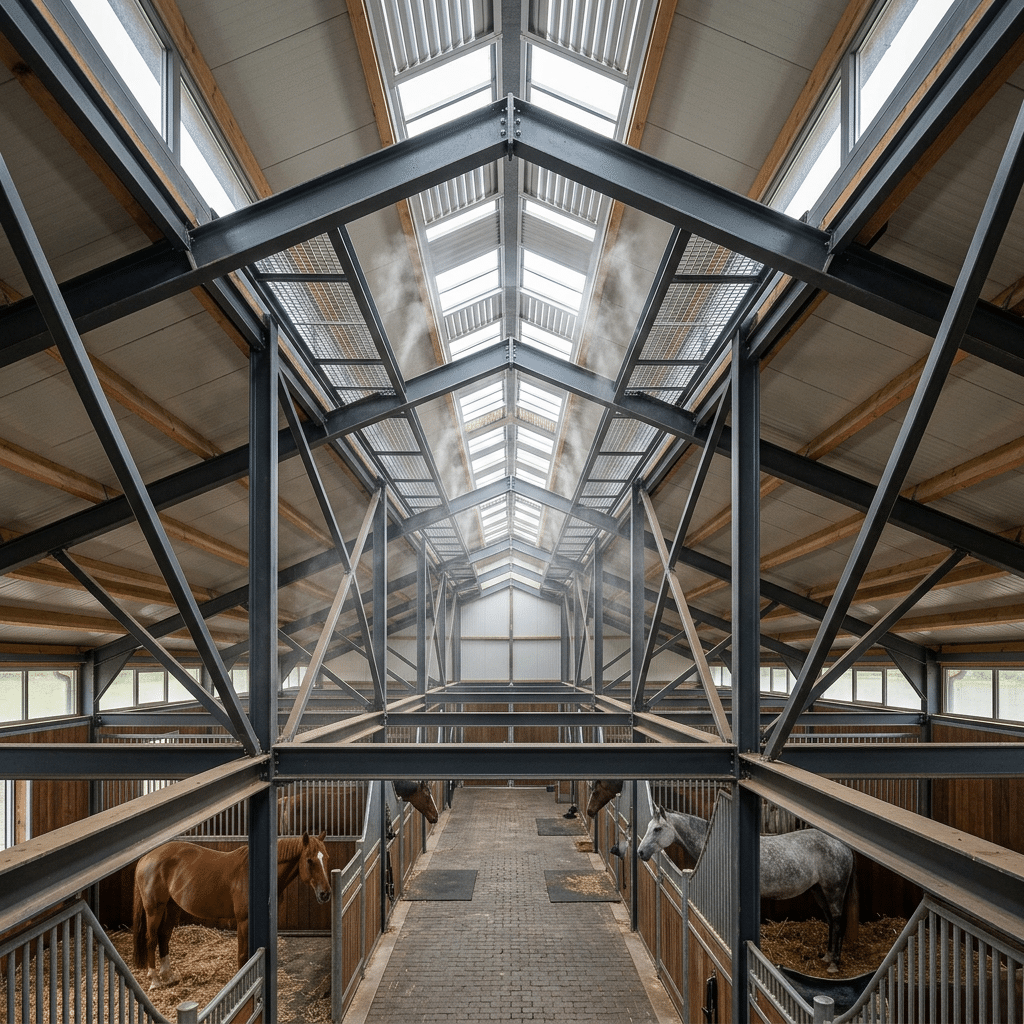 Modern Horse Stable Structural Steel Framework Grand interior of a modern equestrian facility featuring dramatic black steel trusses, high ceilings, and ample natural light from skylights.