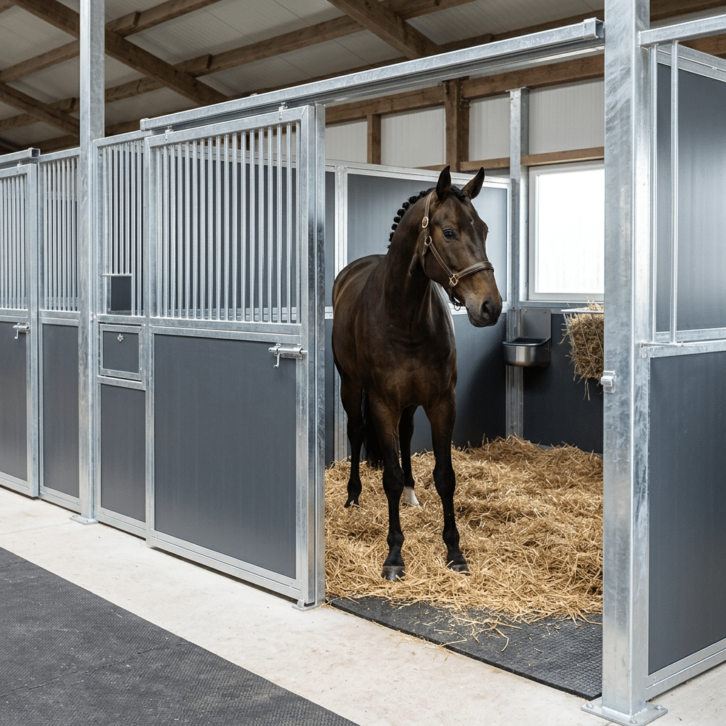 A brown horse stands in a clean, modern stable stall with galvanized steel panels and a hay rack, surrounded by similar stalls in a well-lit barn.