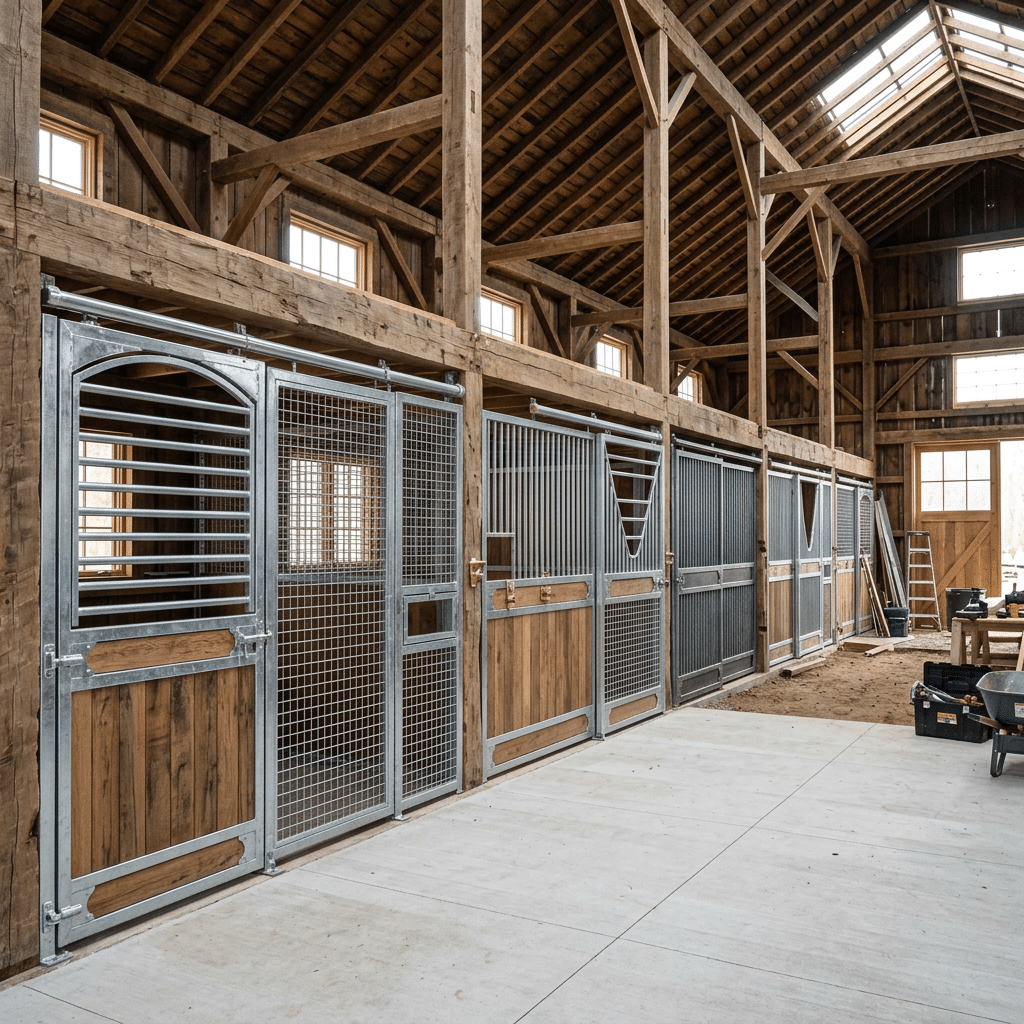 A spacious barn interior featuring modern horse stalls with galvanized steel and wooden panels, set under a rustic wooden ceiling with natural light streaming through windows.