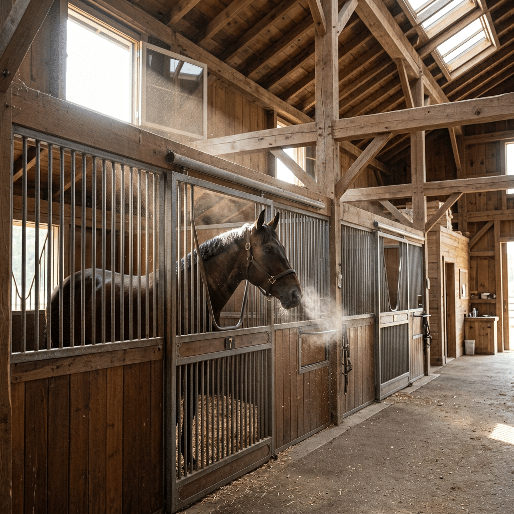 Horse Stall Ventilation Airflow Visual Interior of a high-end stable showing airflow visualization through metal horse stall dividers for optimal ventilation.
