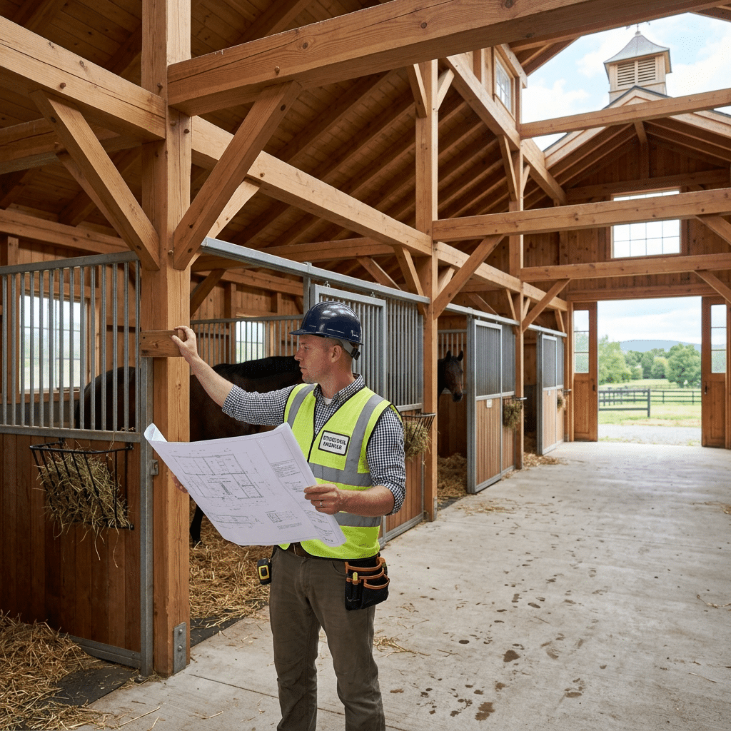 A man in a hard hat and safety vest reviews blueprints inside a wooden horse stable with stalls, hay racks, and horses visible in the background.