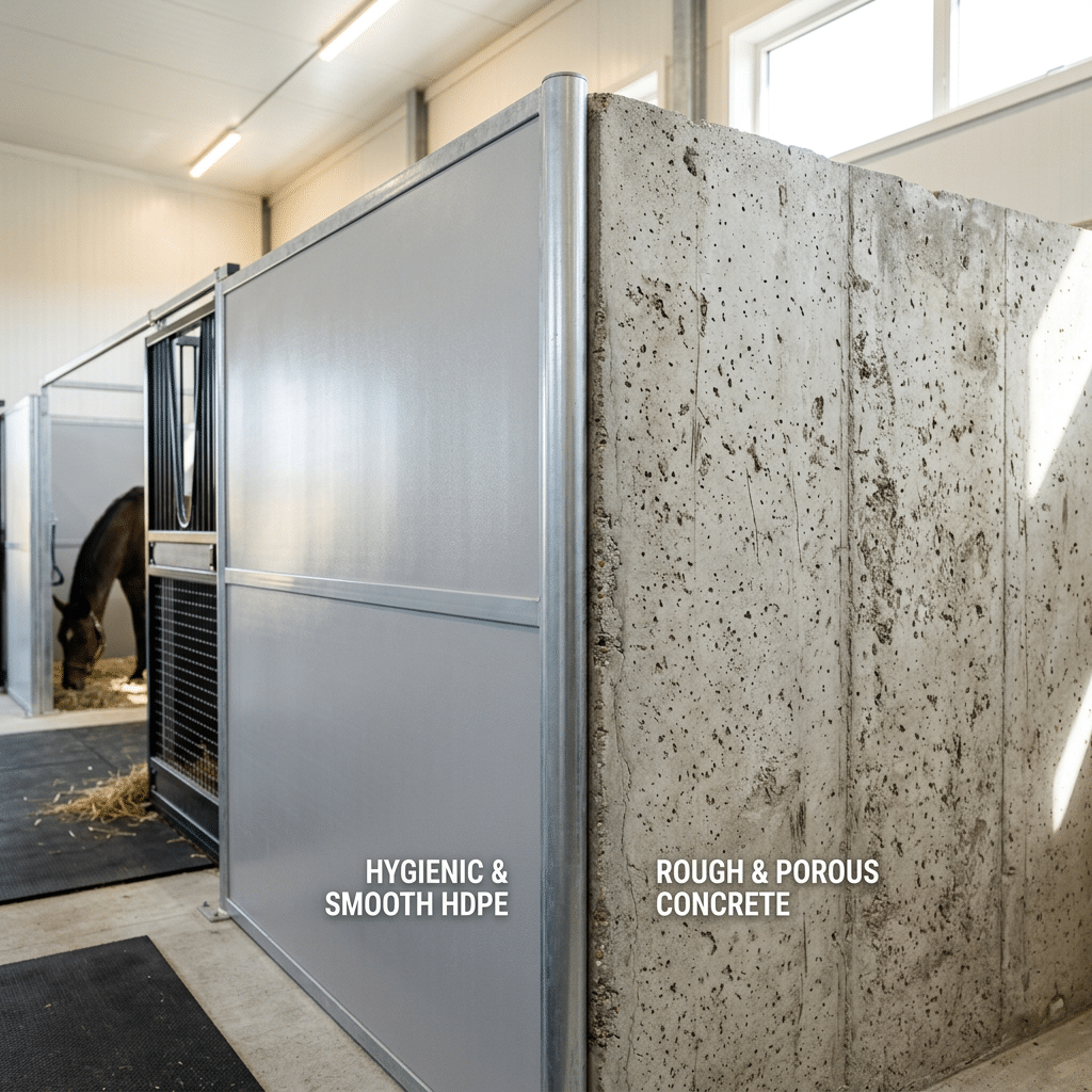 Hygienic Stable Panels for Horse Stalls A modern horse stable featuring hygienic smooth HDPE panels alongside rough porous concrete walls, with a horse visible in the background grazing on hay.