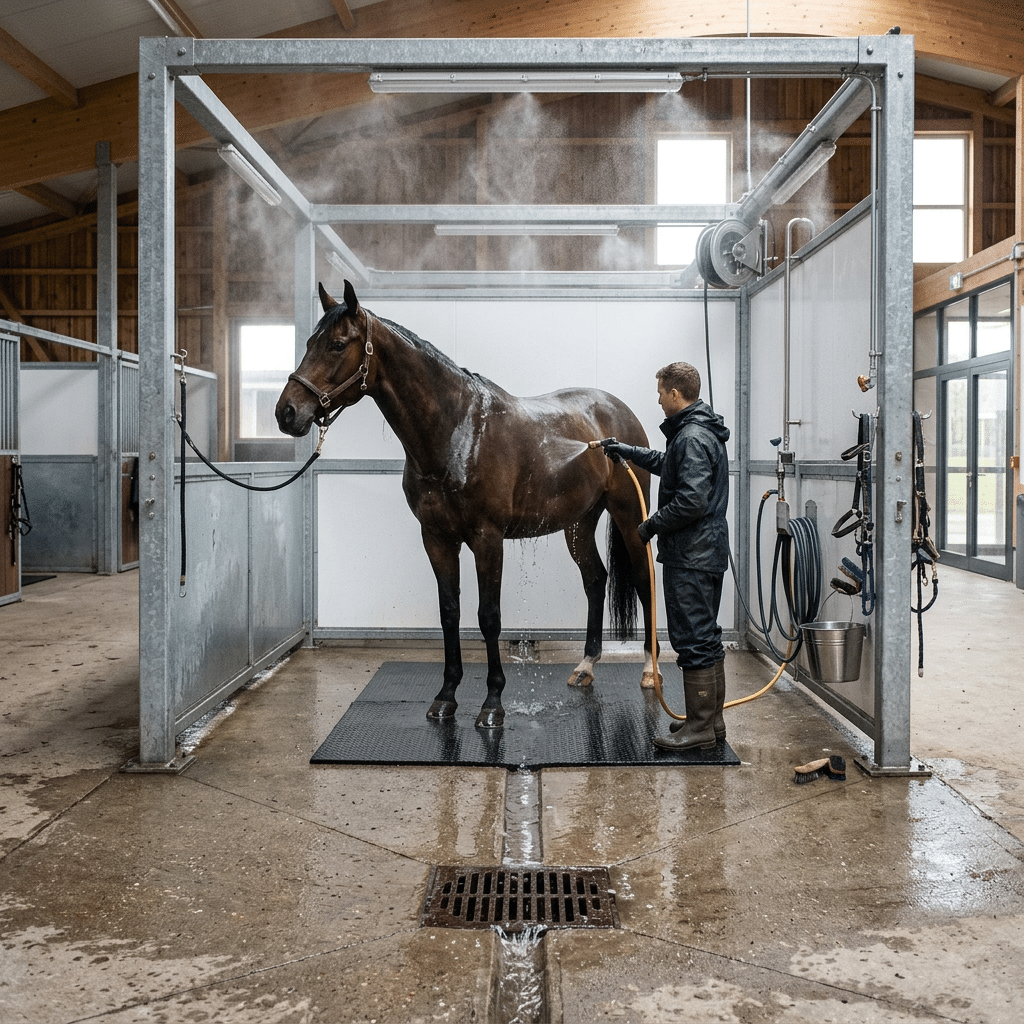 Horse Washing Stall with Galvanized Steel Frame A man in a black jacket and boots is washing a brown horse inside a galvanized steel horse washing stall. The stall features a metal frame, a non-slip mat, and various hoses and equipment for cleaning horses.