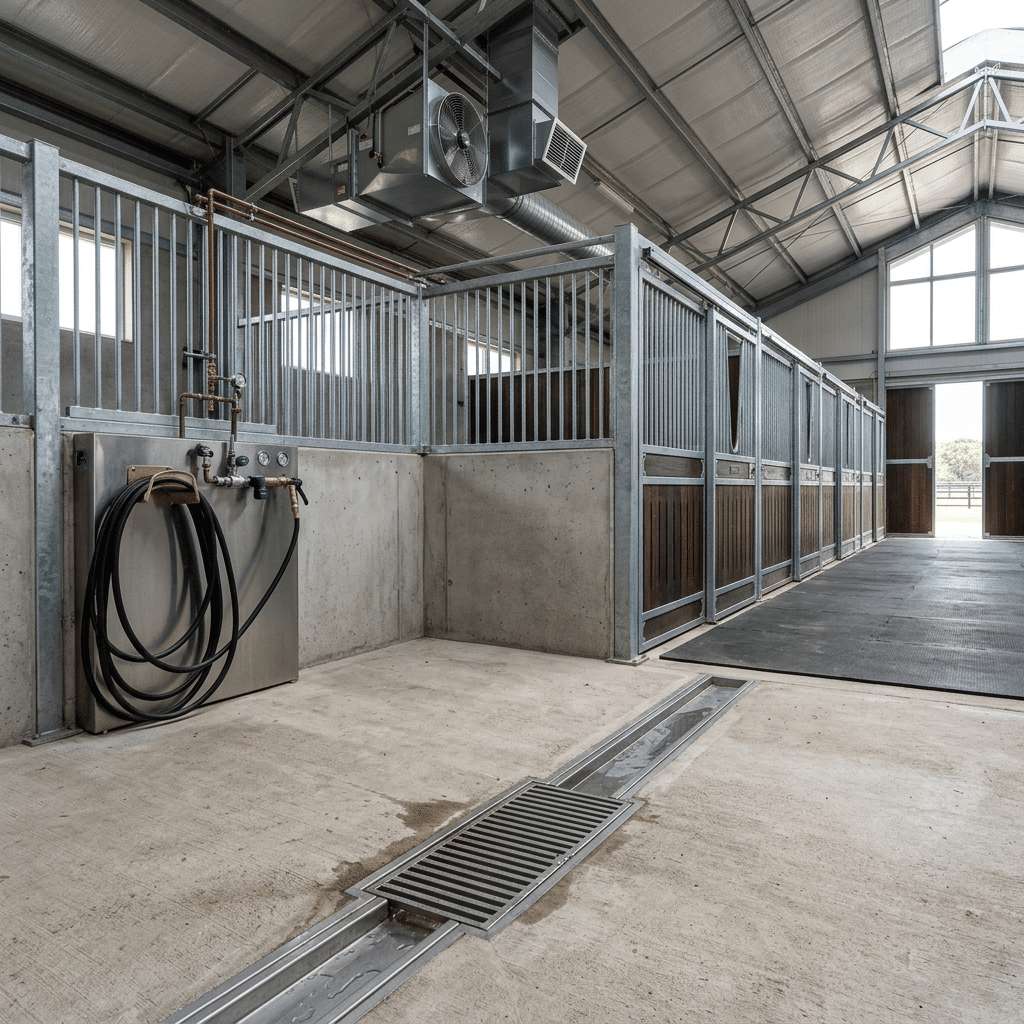 Wash Bay Microclimate 超写实产品摄影,专业马厩设施内的洗马区,邻近马厩隔间,倾斜地板上的不锈钢排水格栅,湿度控制通风可见,混凝土和钢材材料,表面干燥清洁,十六比九画幅,无文字