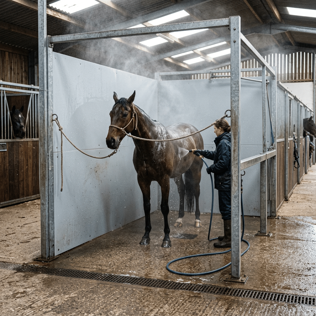 A person washing a horse in a galvanized steel stable washing stall, surrounded by stable panels and equipment.