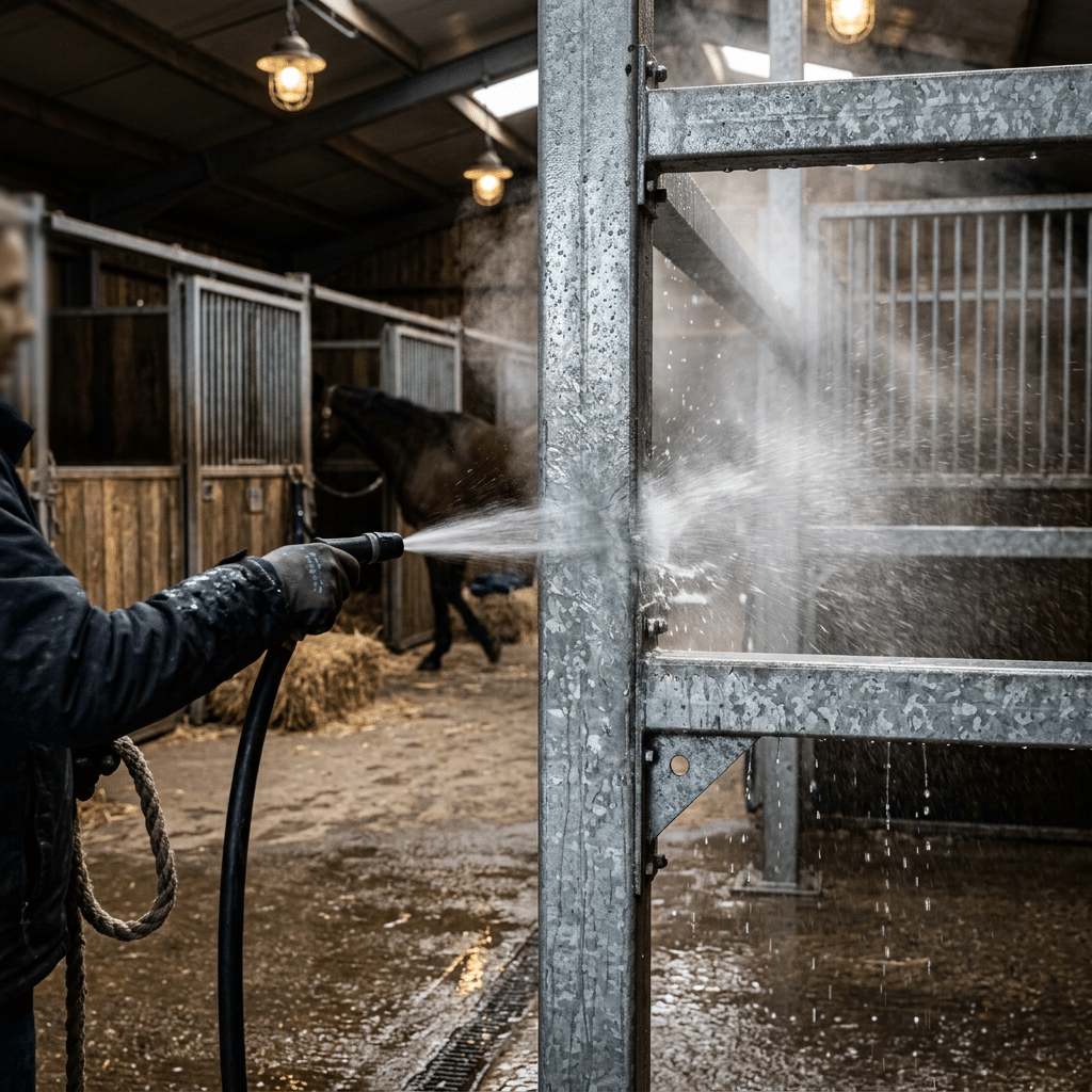 Cleaning Galvanized Stable Equipment A person wearing gloves and a jacket is using a hose to spray water on galvanized metal stable equipment inside a barn, with a horse visible in the background.