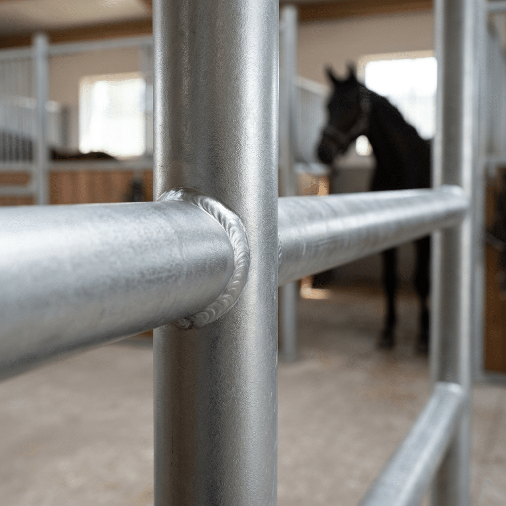 Close-up of galvanized steel horse stall bars with a blurred background showing a black horse inside the stable.