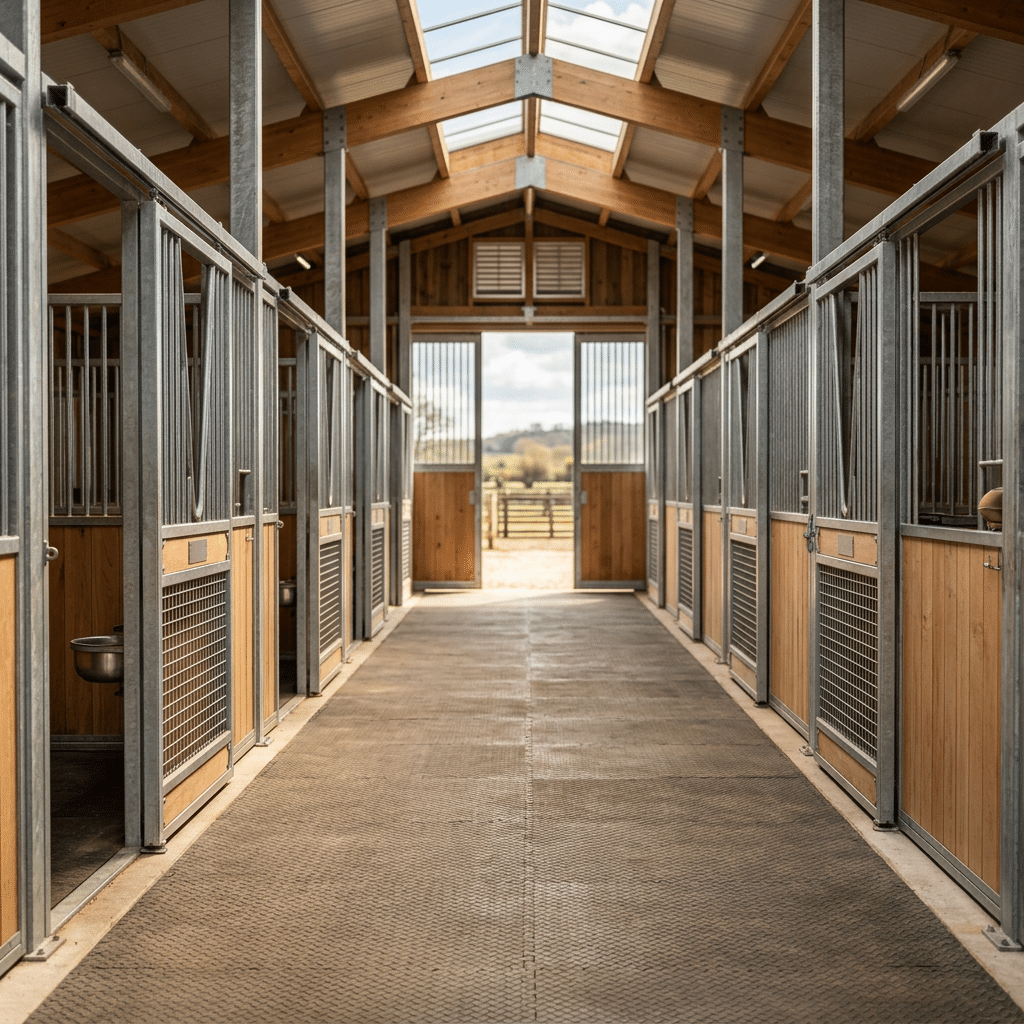 Safe Equestrian Stable Aisle with Rubber Flooring Bright horse stable interior showing a wide aisle with safe rubber matting, wooden stalls, and open sliding doors for ventilation.