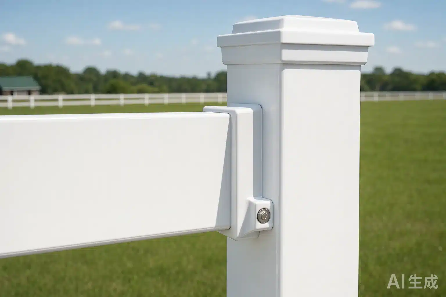 Close-up of a white UV-resistant PVC horse fencing rail and post connection